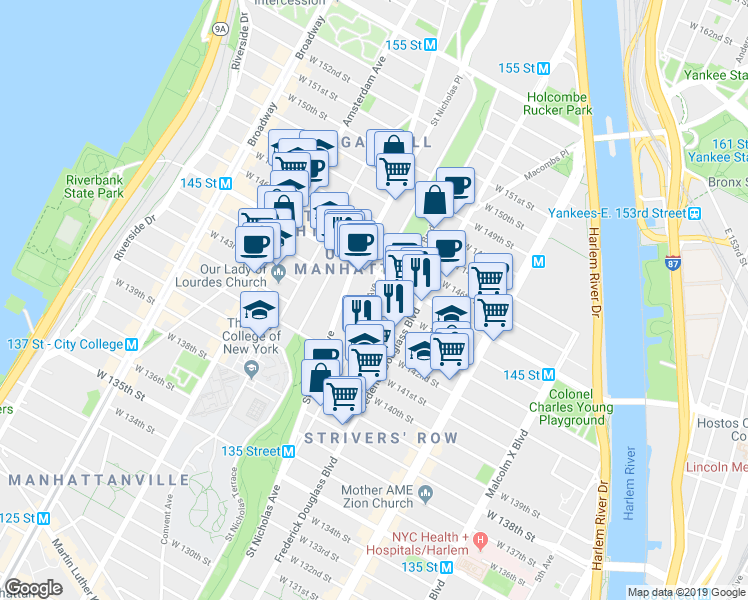 map of restaurants, bars, coffee shops, grocery stores, and more near 27 Bradhurst Avenue in New York