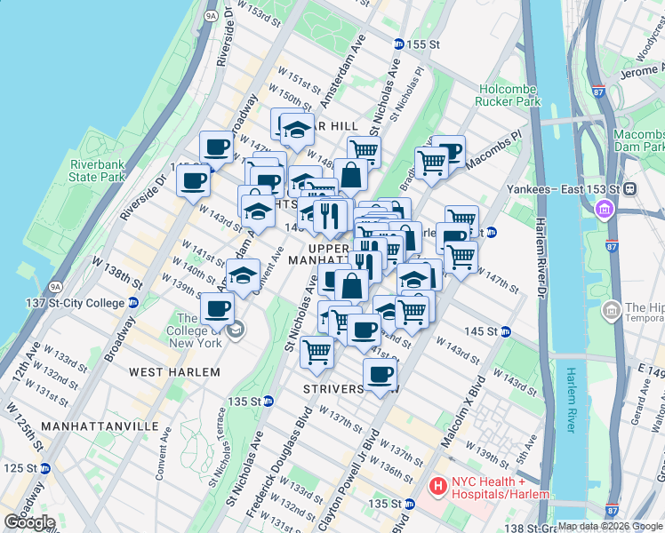 map of restaurants, bars, coffee shops, grocery stores, and more near 27 Bradhurst Avenue in New York