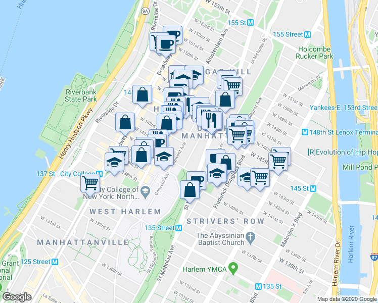 map of restaurants, bars, coffee shops, grocery stores, and more near 18 Hamilton Terrace in New York