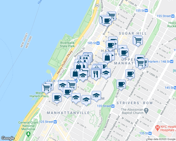 map of restaurants, bars, coffee shops, grocery stores, and more near 61 Hamilton Place in New York