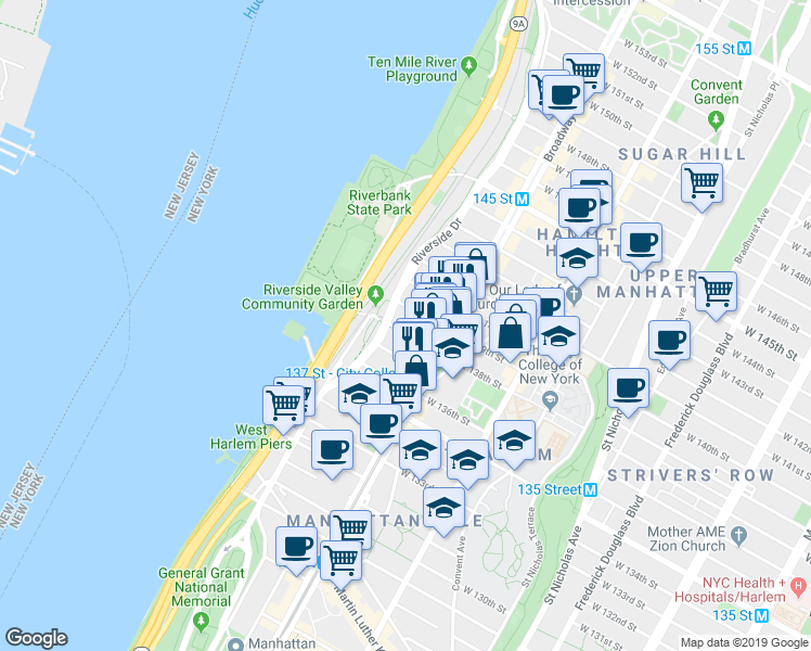 map of restaurants, bars, coffee shops, grocery stores, and more near 611 West 138th Street in New York