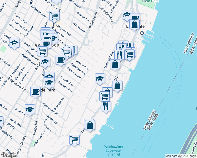 map of restaurants, bars, coffee shops, grocery stores, and more near 270 Undercliff Avenue in Edgewater