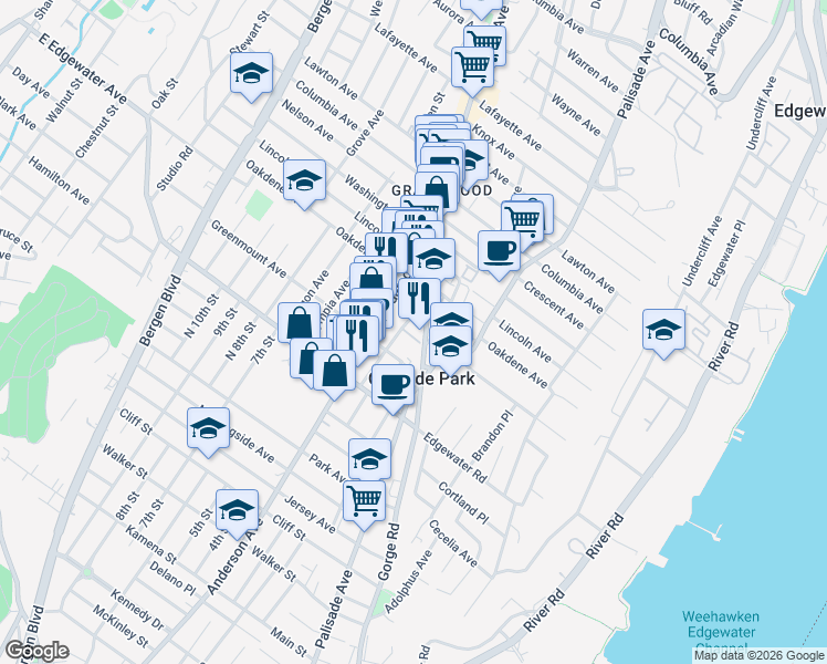 map of restaurants, bars, coffee shops, grocery stores, and more near 500 Gorge Road in Cliffside Park