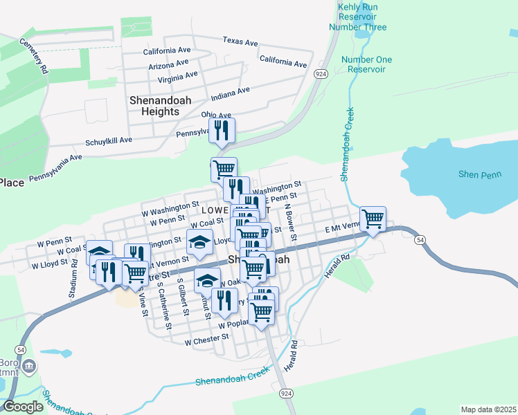 map of restaurants, bars, coffee shops, grocery stores, and more near 29 East Coal Street in Shenandoah