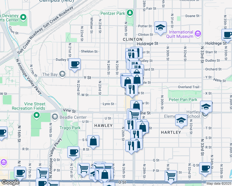 map of restaurants, bars, coffee shops, grocery stores, and more near 2335 W Street in Lincoln