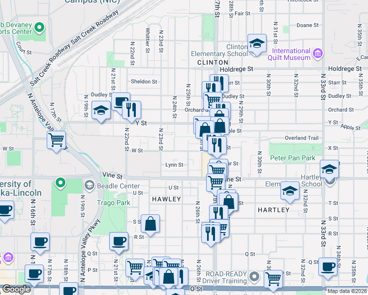 map of restaurants, bars, coffee shops, grocery stores, and more near 2335 W Street in Lincoln