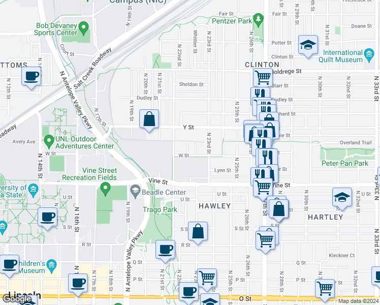 map of restaurants, bars, coffee shops, grocery stores, and more near 2252 W Street in Lincoln