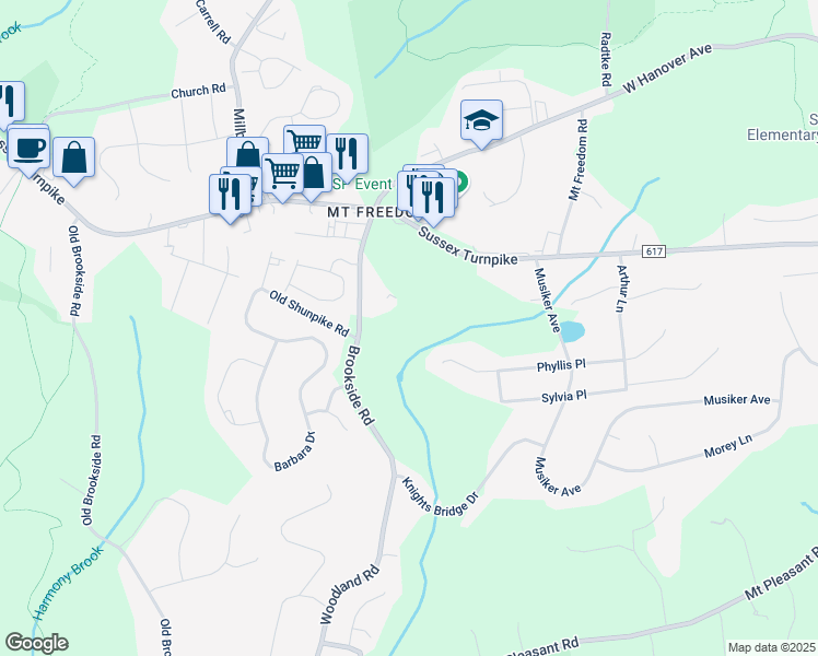 map of restaurants, bars, coffee shops, grocery stores, and more near 21 Brookside Road in Randolph
