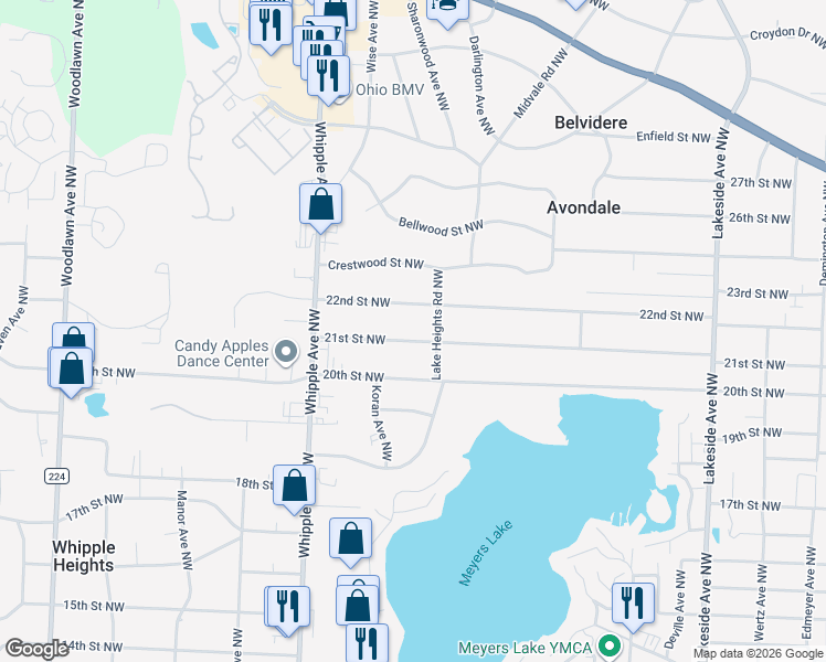 map of restaurants, bars, coffee shops, grocery stores, and more near 4118 21st Street Northwest in Canton