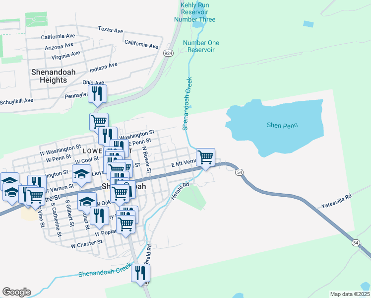 map of restaurants, bars, coffee shops, grocery stores, and more near 428 East Arlington Street in Shenandoah