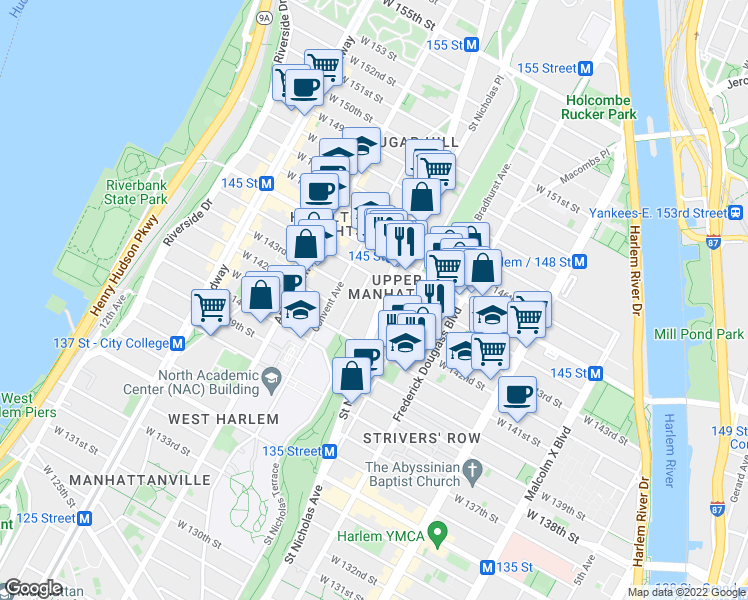 map of restaurants, bars, coffee shops, grocery stores, and more near 669 Saint Nicholas Avenue in New York