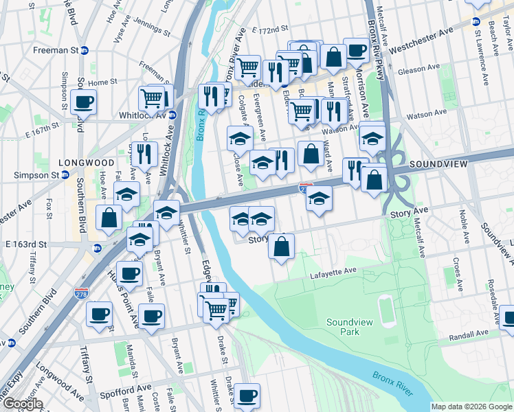 map of restaurants, bars, coffee shops, grocery stores, and more near 953 Colgate Avenue in Bronx