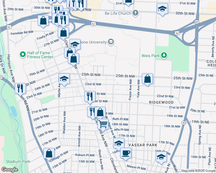 map of restaurants, bars, coffee shops, grocery stores, and more near 720 23rd Street Northwest in Canton