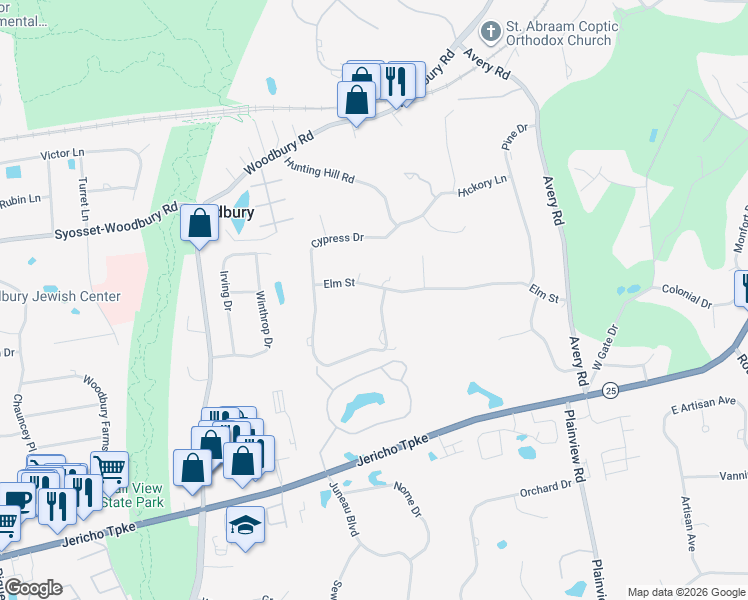 map of restaurants, bars, coffee shops, grocery stores, and more near 2 Sycamore Drive in Woodbury