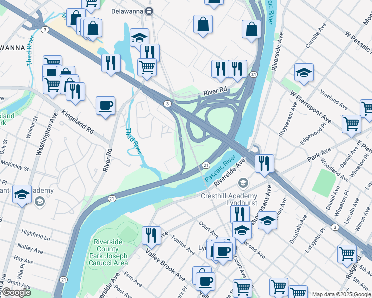 map of restaurants, bars, coffee shops, grocery stores, and more near 136 Kingsland Avenue in Clifton