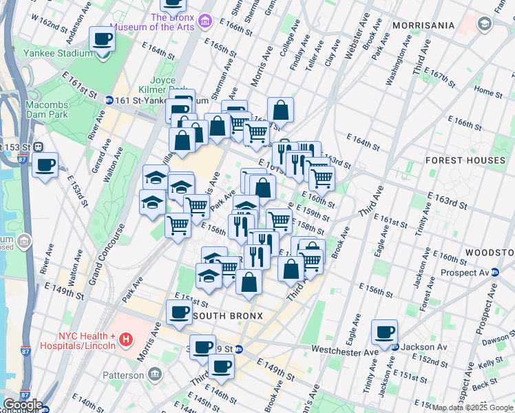 map of restaurants, bars, coffee shops, grocery stores, and more near E 158th St & Courtlandt Ave in Bronx