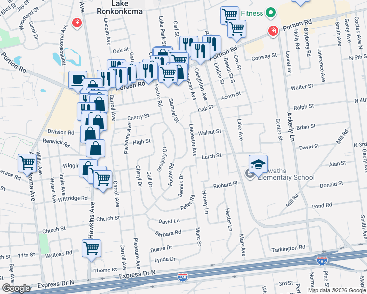 map of restaurants, bars, coffee shops, grocery stores, and more near 94 Samuel Street in Lake Ronkonkoma
