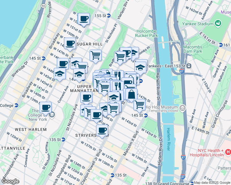 map of restaurants, bars, coffee shops, grocery stores, and more near 241 West 145th Street in New York