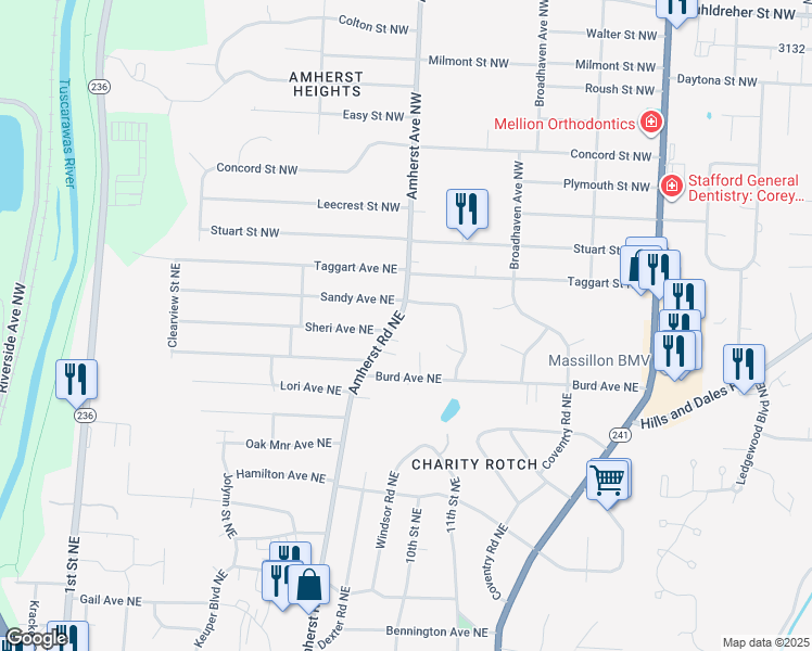 map of restaurants, bars, coffee shops, grocery stores, and more near 2046 Amherst Road Northeast in Massillon