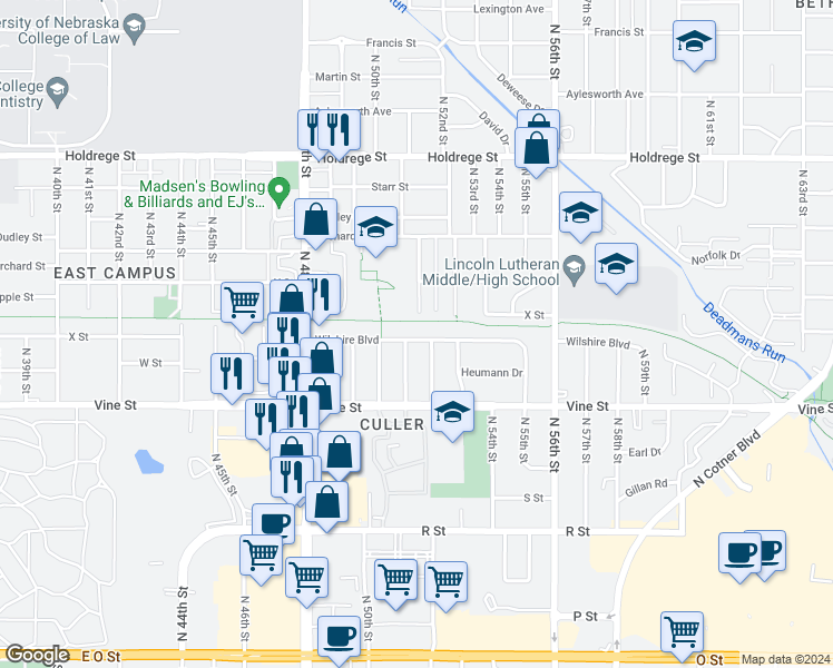 map of restaurants, bars, coffee shops, grocery stores, and more near 5106 Wilshire Boulevard in Lincoln