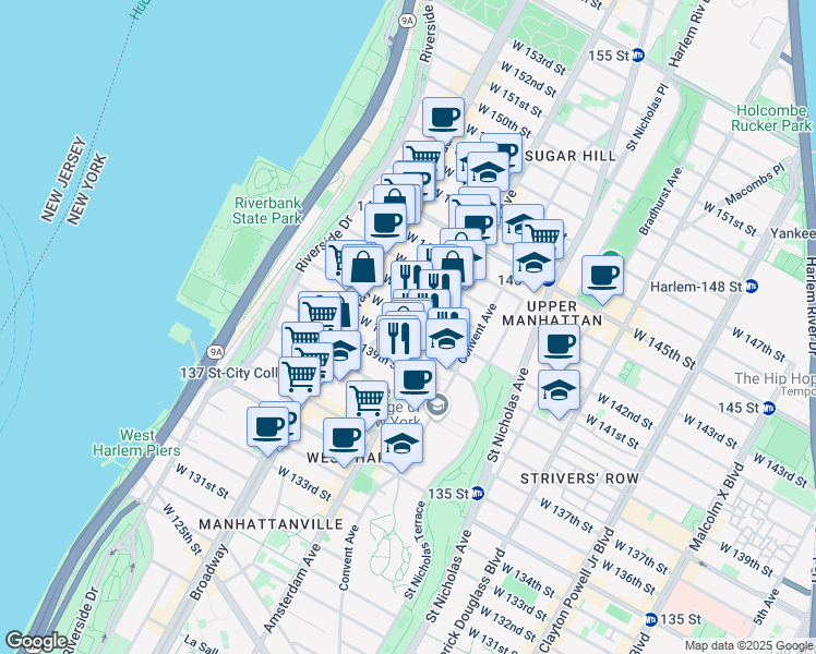 map of restaurants, bars, coffee shops, grocery stores, and more near 1626 Amsterdam Avenue in New York