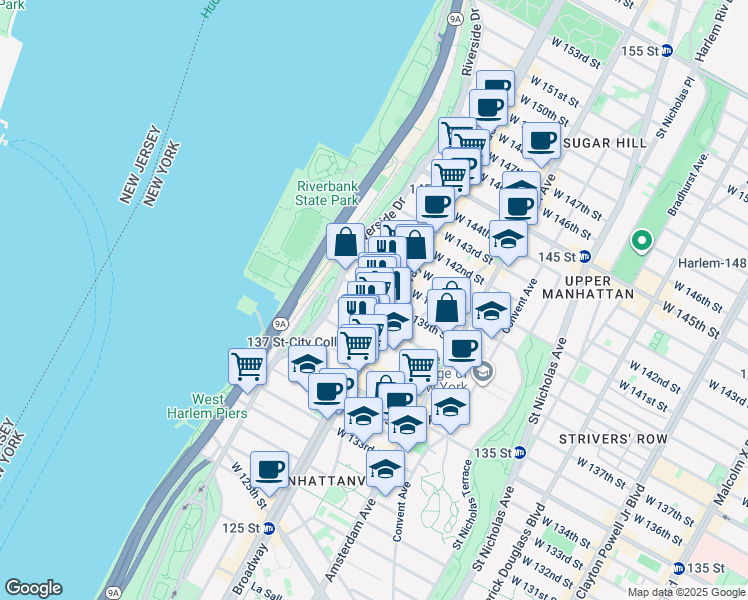 map of restaurants, bars, coffee shops, grocery stores, and more near 611 West 138th Street in New York