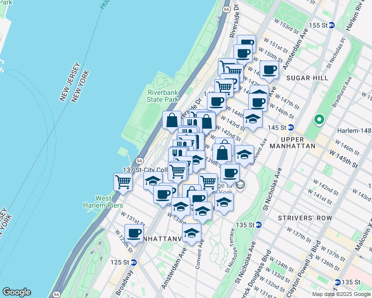 map of restaurants, bars, coffee shops, grocery stores, and more near 611 West 138th Street in New York