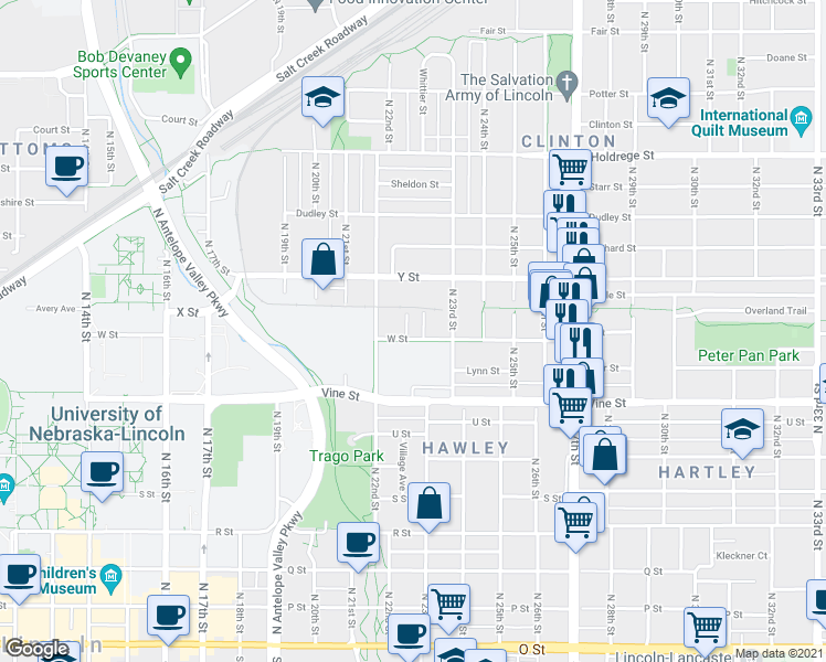 map of restaurants, bars, coffee shops, grocery stores, and more near 2252 W Street in Lincoln