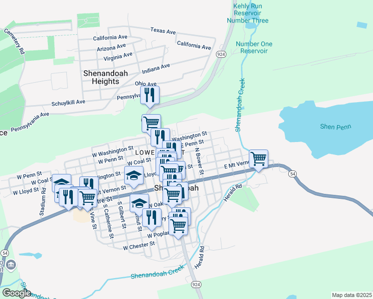 map of restaurants, bars, coffee shops, grocery stores, and more near 113 East Coal Street in Shenandoah