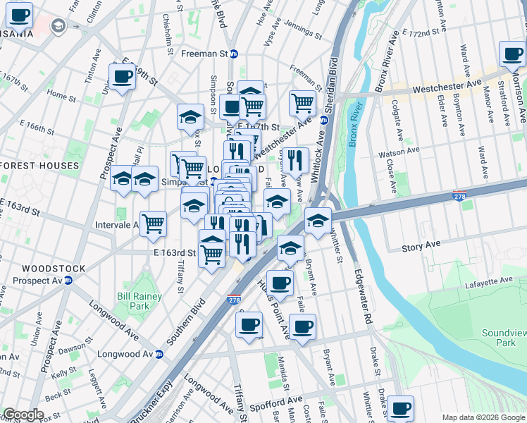 map of restaurants, bars, coffee shops, grocery stores, and more near 954 Hoe Avenue in Bronx