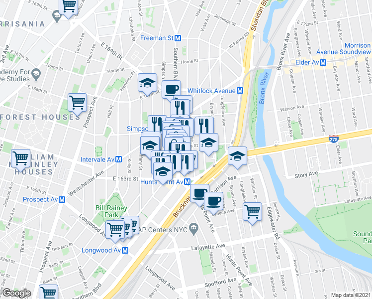map of restaurants, bars, coffee shops, grocery stores, and more near 982 Southern Boulevard in Bronx
