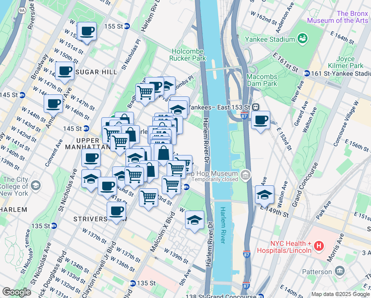 map of restaurants, bars, coffee shops, grocery stores, and more near 147 West 147th Street in New York