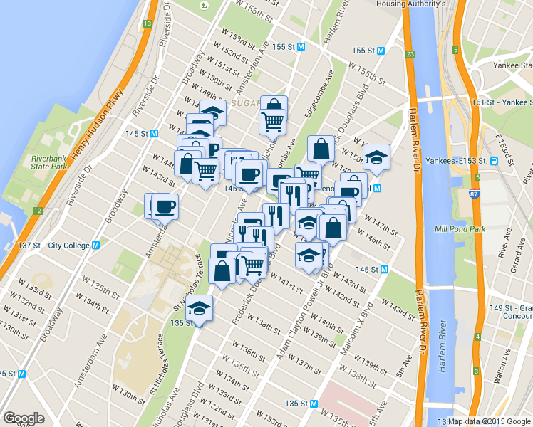 map of restaurants, bars, coffee shops, grocery stores, and more near 27 Bradhurst Avenue in New York