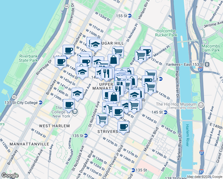 map of restaurants, bars, coffee shops, grocery stores, and more near 27 Bradhurst Avenue in New York