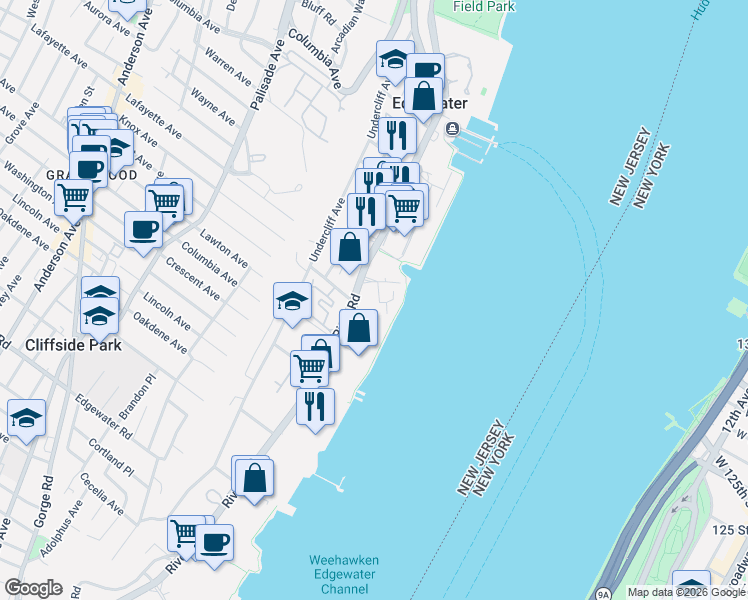 map of restaurants, bars, coffee shops, grocery stores, and more near 433 Portside Drive in Edgewater