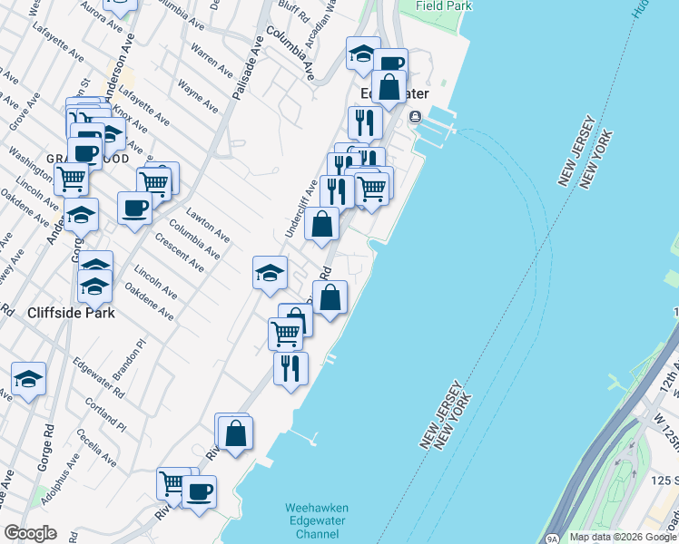 map of restaurants, bars, coffee shops, grocery stores, and more near 433 Portside Drive in Edgewater