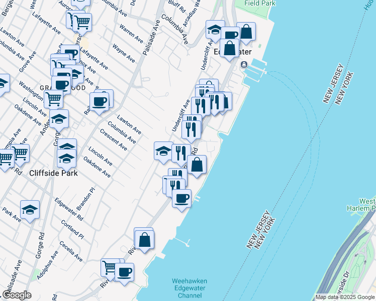map of restaurants, bars, coffee shops, grocery stores, and more near 15 Winterburn Place in Edgewater