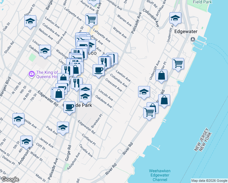 map of restaurants, bars, coffee shops, grocery stores, and more near 56 Washington Avenue in Cliffside Park