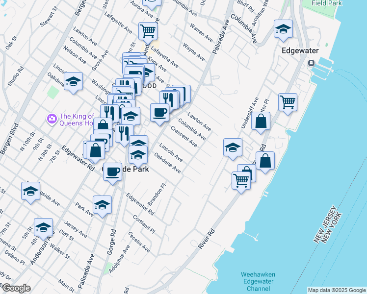 map of restaurants, bars, coffee shops, grocery stores, and more near 56 Washington Avenue in Cliffside Park