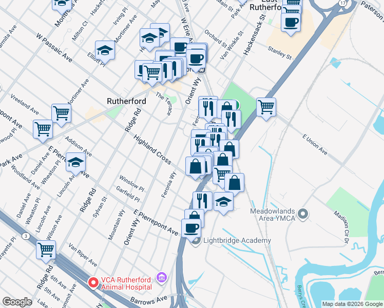 map of restaurants, bars, coffee shops, grocery stores, and more near 97 Eastern Way in Rutherford
