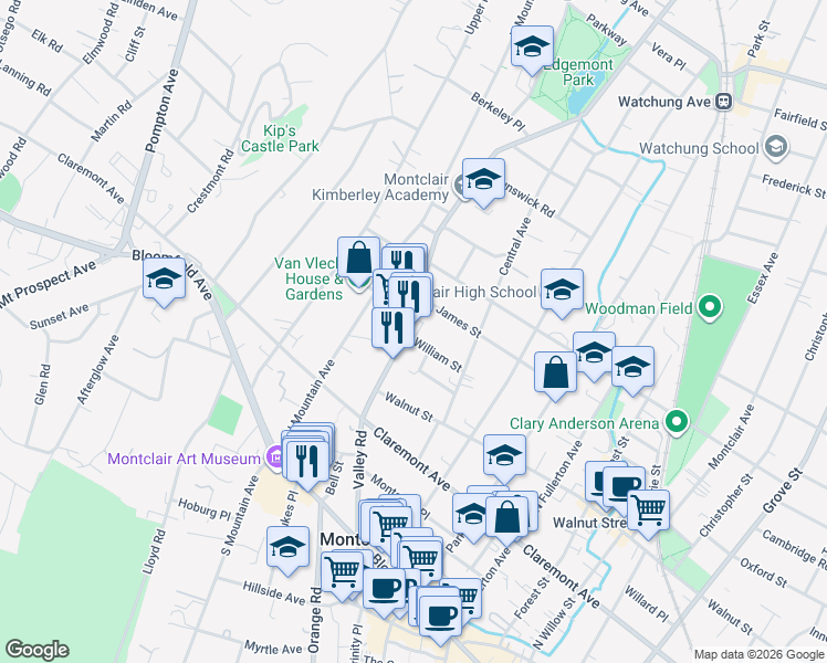 map of restaurants, bars, coffee shops, grocery stores, and more near 26 William Street in Montclair