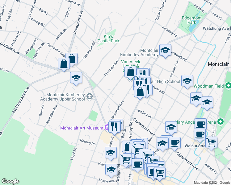 map of restaurants, bars, coffee shops, grocery stores, and more near 361 Claremont Avenue in Montclair