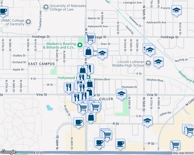 map of restaurants, bars, coffee shops, grocery stores, and more near 900 North 49th Street in Lincoln