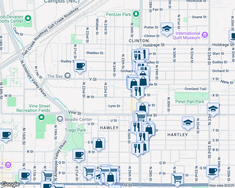 map of restaurants, bars, coffee shops, grocery stores, and more near 2335 W Street in Lincoln