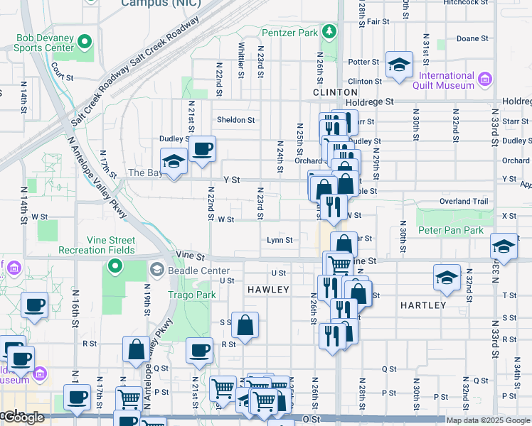 map of restaurants, bars, coffee shops, grocery stores, and more near 2304 W Street in Lincoln
