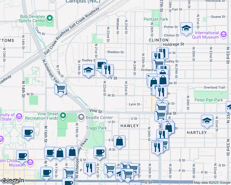 map of restaurants, bars, coffee shops, grocery stores, and more near 2252 W Street in Lincoln