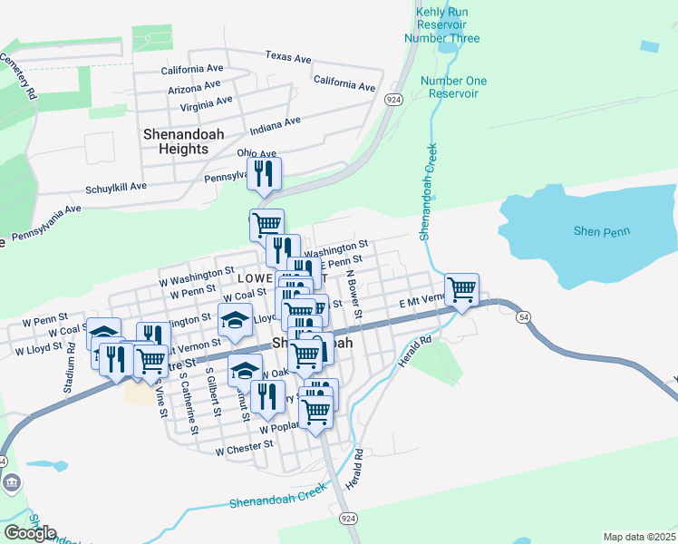 map of restaurants, bars, coffee shops, grocery stores, and more near 127 East Coal Street in Shenandoah