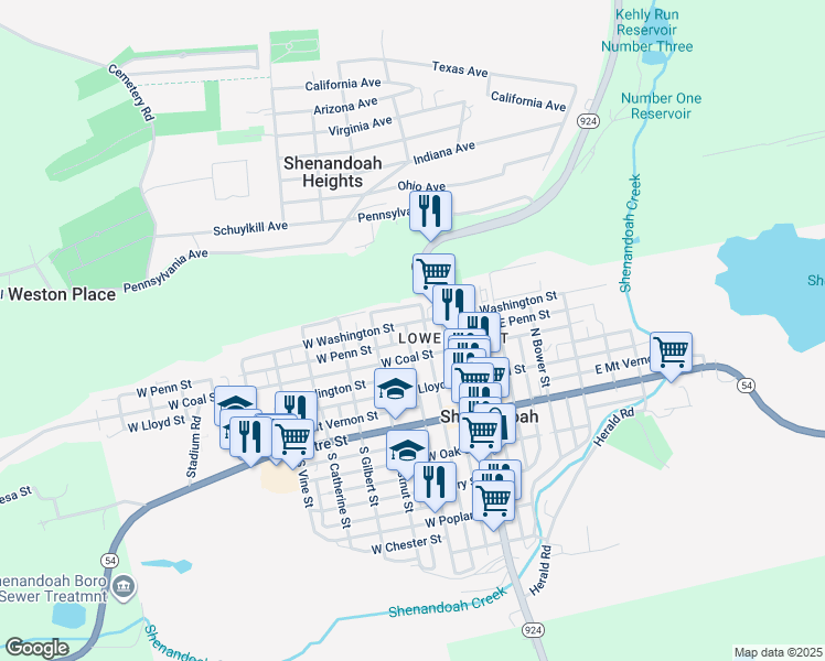 map of restaurants, bars, coffee shops, grocery stores, and more near 235 North West Street in Shenandoah
