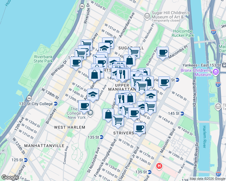 map of restaurants, bars, coffee shops, grocery stores, and more near 51 Hamilton Terrace in New York