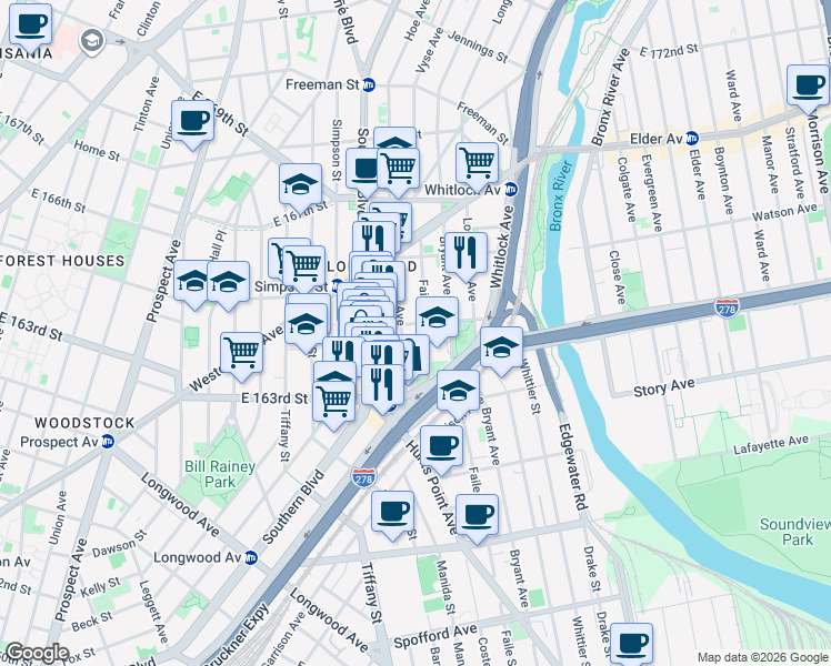 map of restaurants, bars, coffee shops, grocery stores, and more near 980 Aldus Street in Bronx